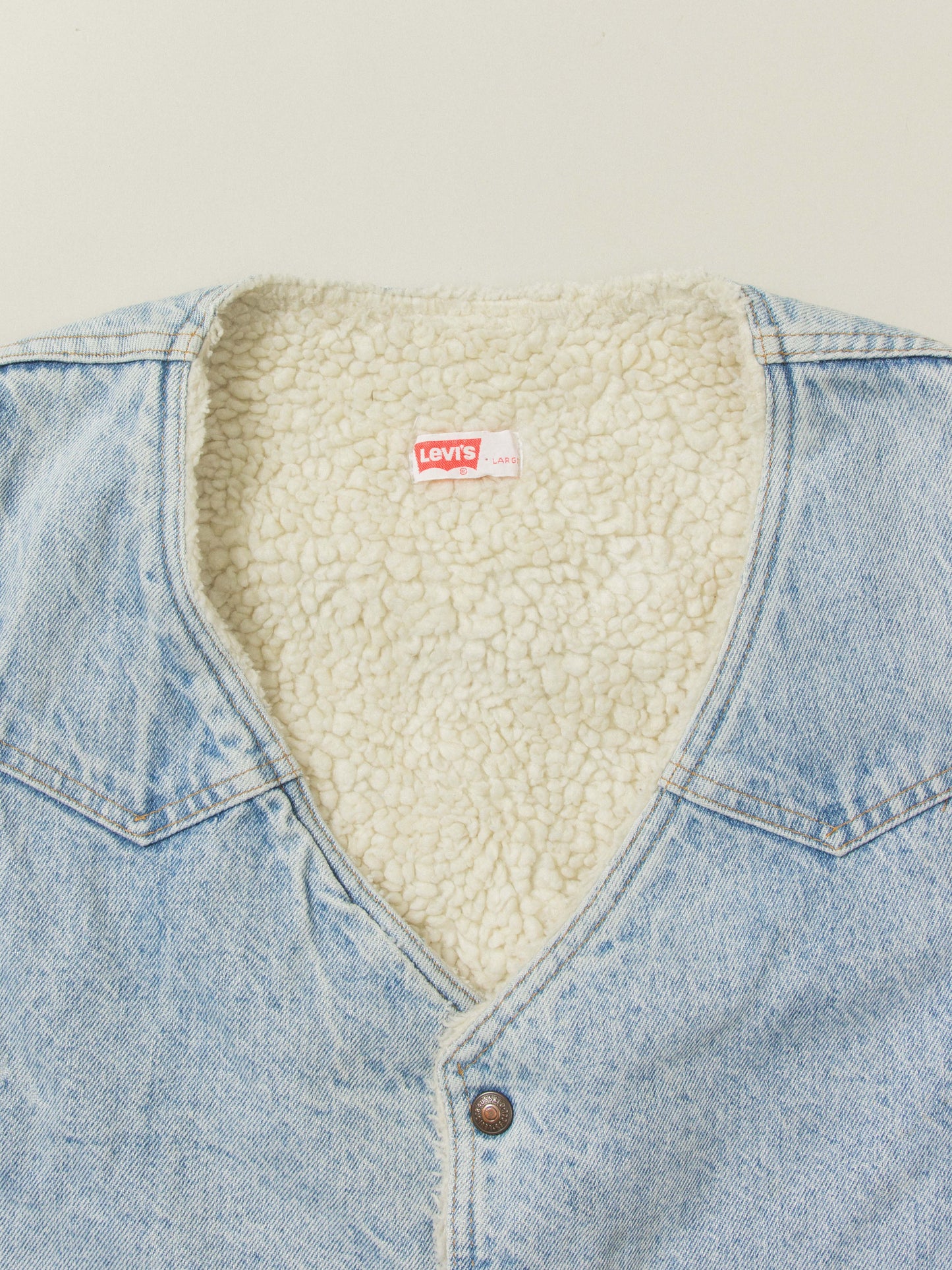 Vtg 1980s Levi's Orange Tab Sherpa Denim Vest - Made in USA (L)