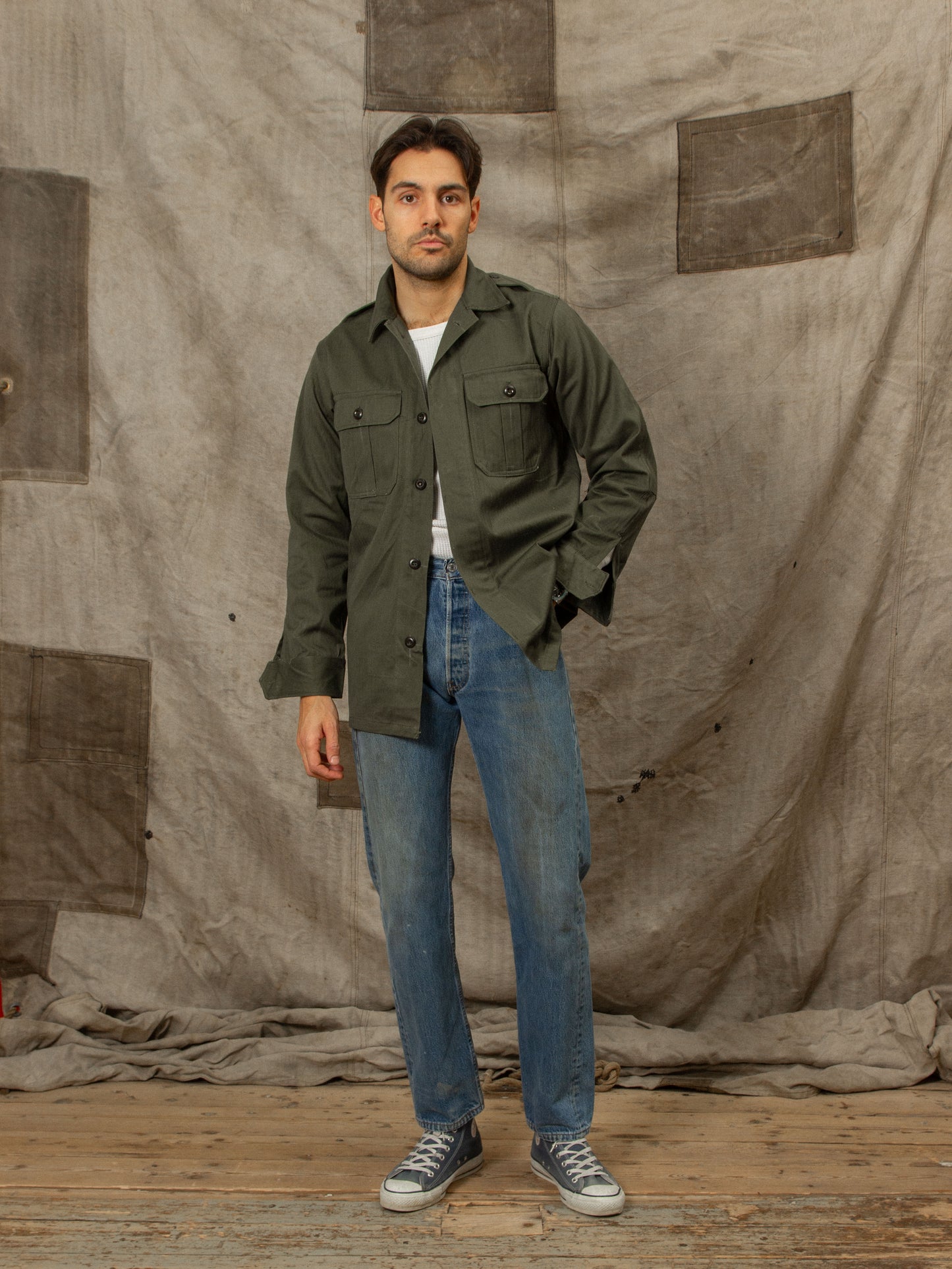 Vtg 1960s Military Olive Drab HBT Overshirt