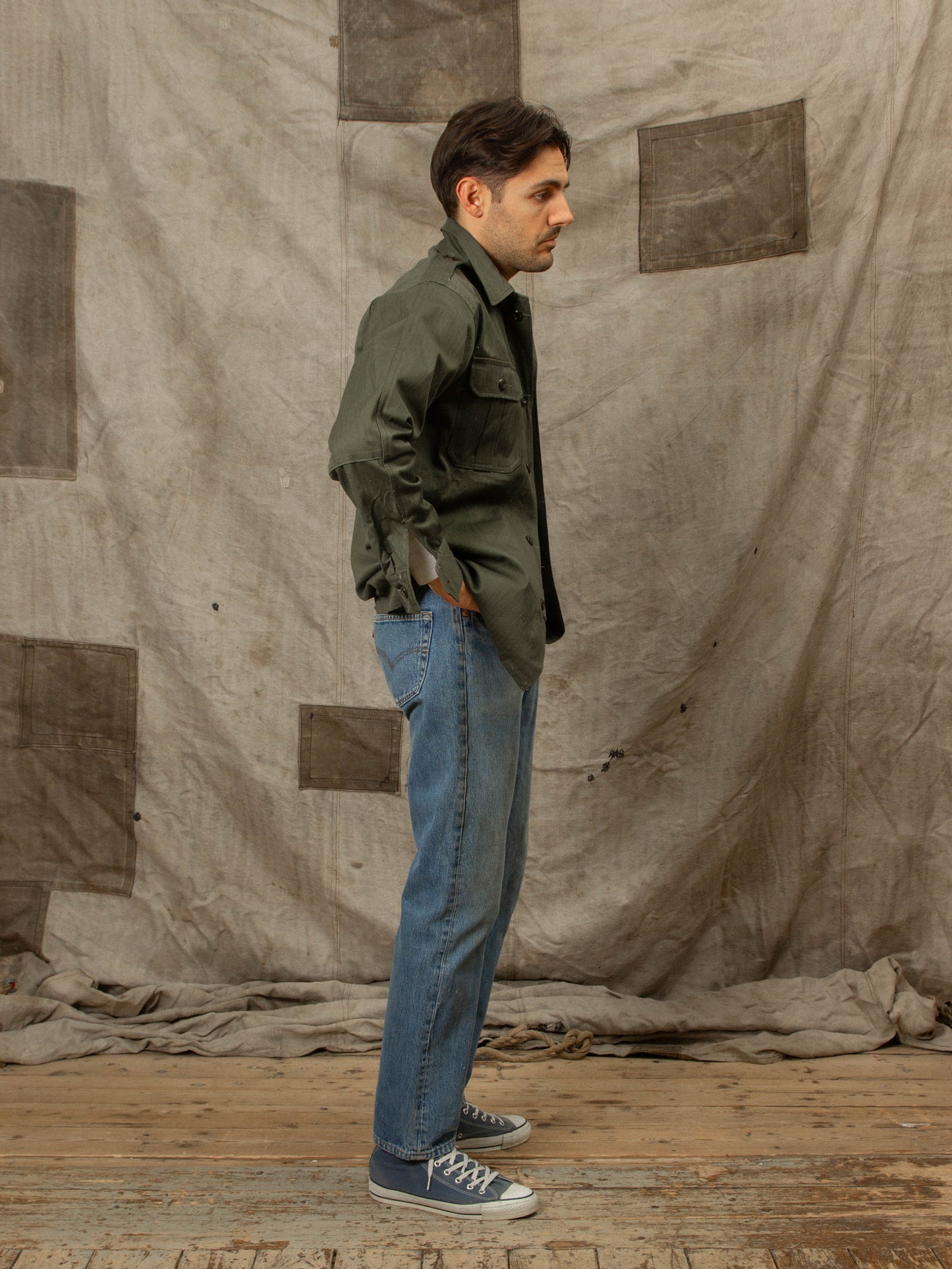 Vtg 1960s Military Olive Drab HBT Overshirt