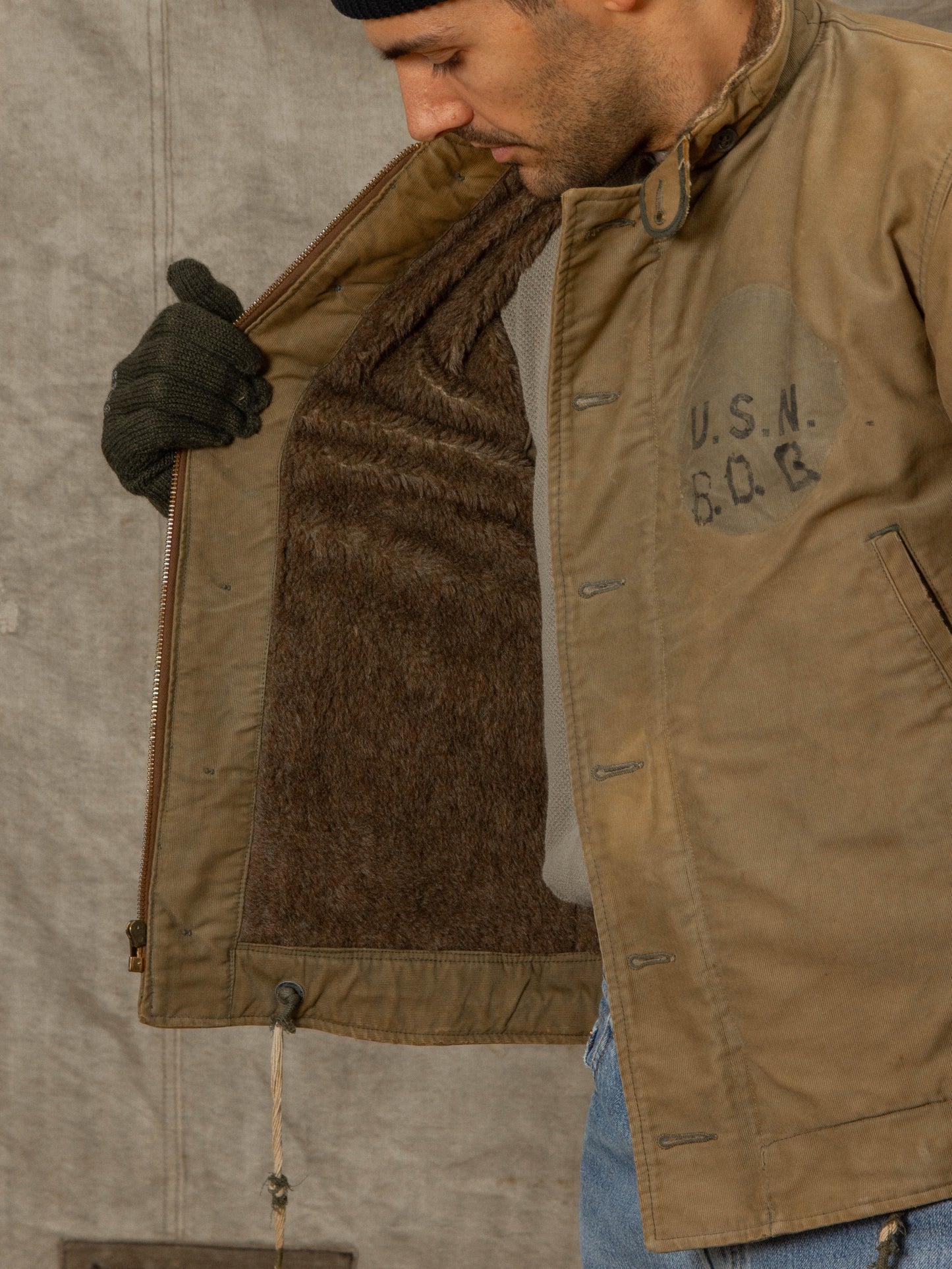 Vtg Rare WWII USN N-1 Alpaca Deck Jacket (S/M)