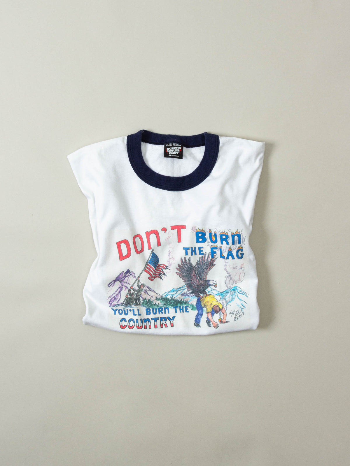 Vtg 1980s 'Don't Burn The US Flag' Ringer Tee - Made in USA (XL)
