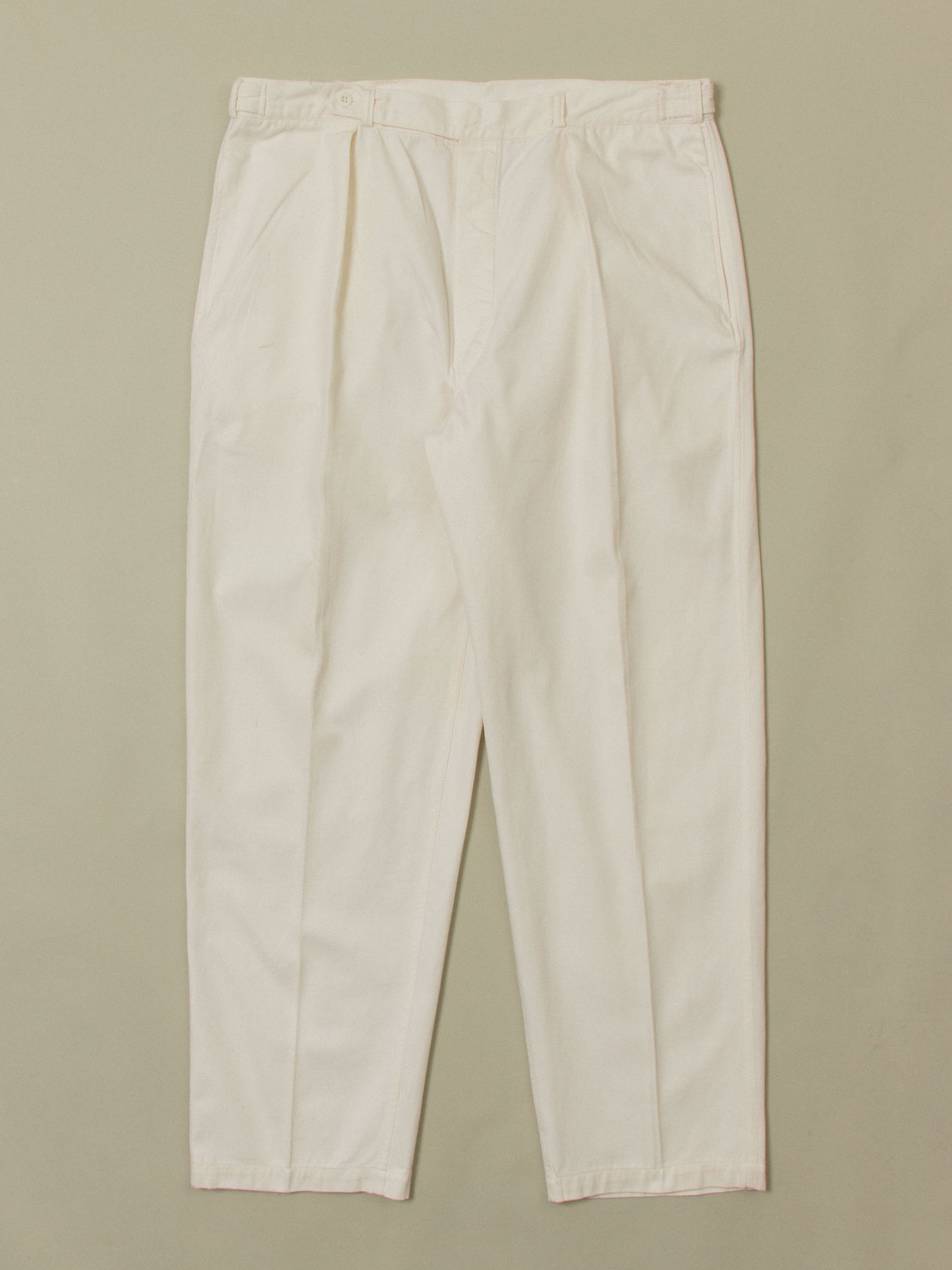 Vtg White Pleated Adjustable Cotton Trousers (38x31)