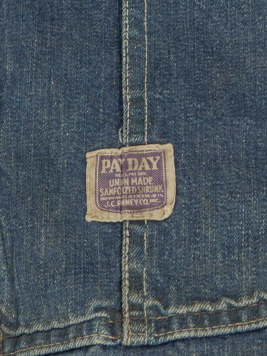 Close-up of a denim label on a blue denim fabric