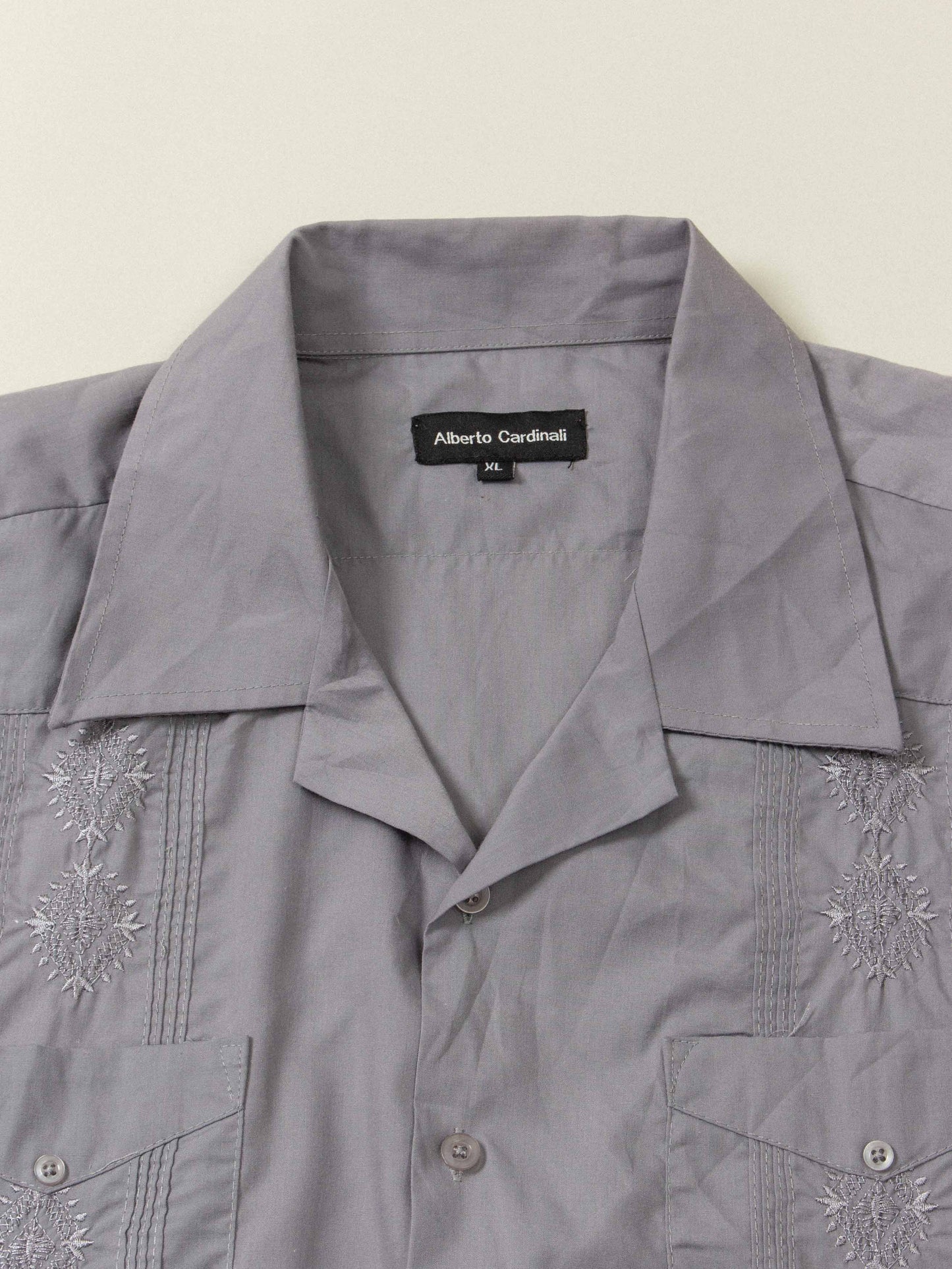 Vtg Short Sleeve Grey Cuban Shirt (XL)